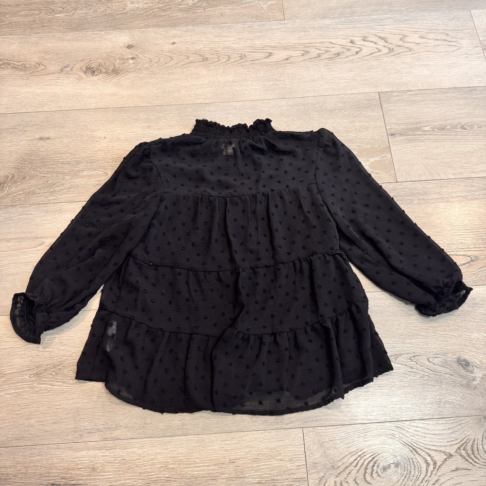 Monteau Top Womens XS Black 3/4‎ Sleeve Swiss Dot Semi Sheer Blouse